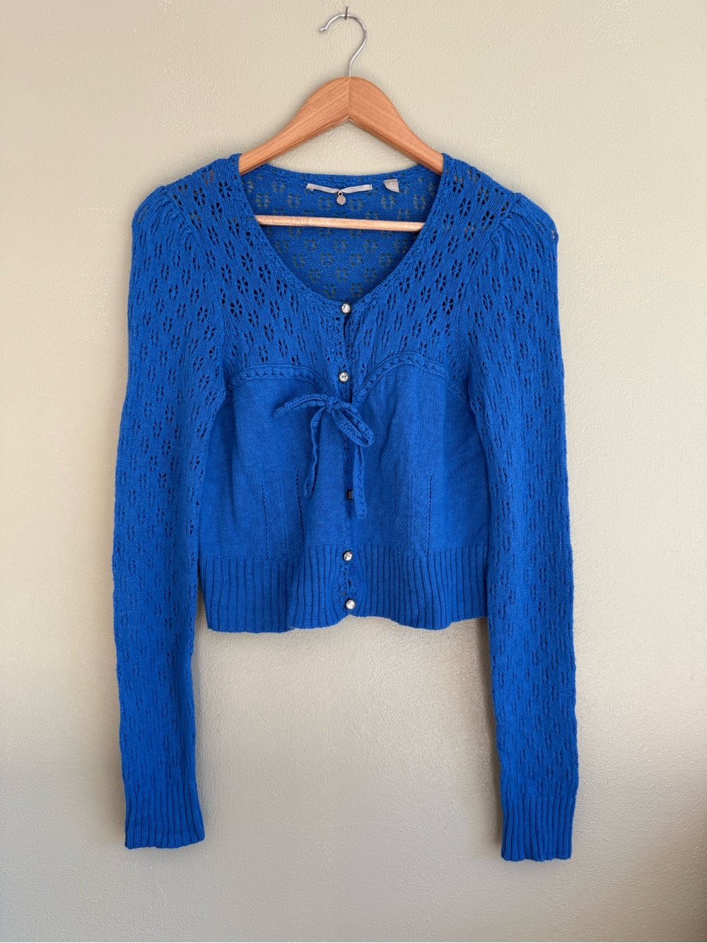 Blue Knit Tie-Front Wool Blend Cardigan Sweater